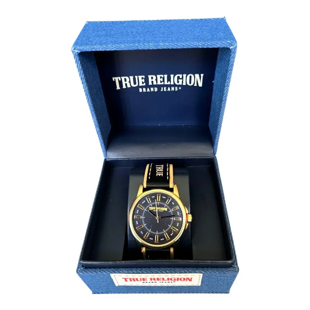 True Religion Men’s Watch Black Gold Dial TRM107 Analog Leather Strap Fashion